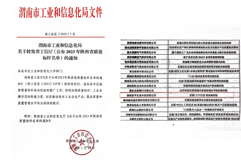 喜報(bào)！富平公司榮獲陜西省質(zhì)量標(biāo)桿榮譽(yù)